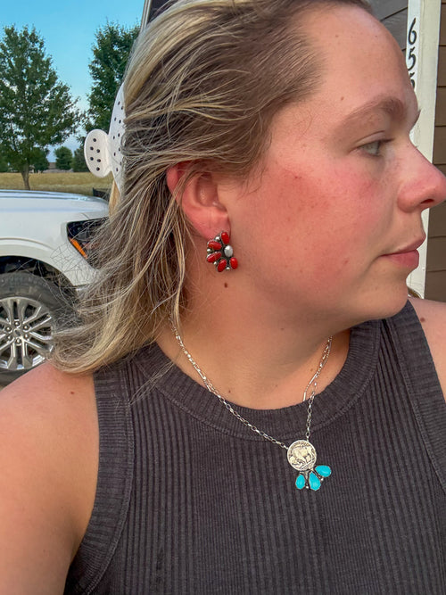 Half Cluster Coral and Pearl Earrings