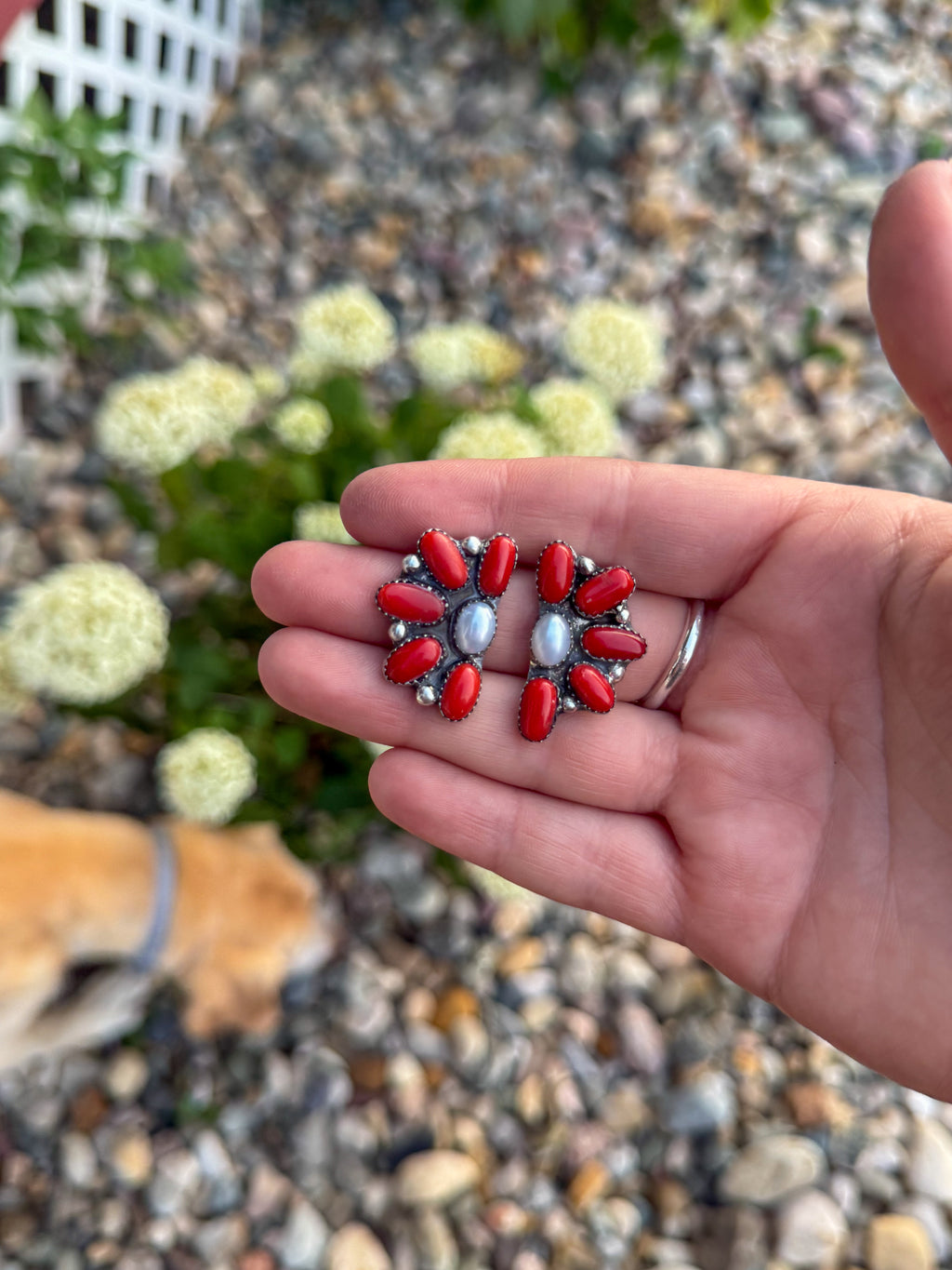 Half Cluster Coral and Pearl Earrings